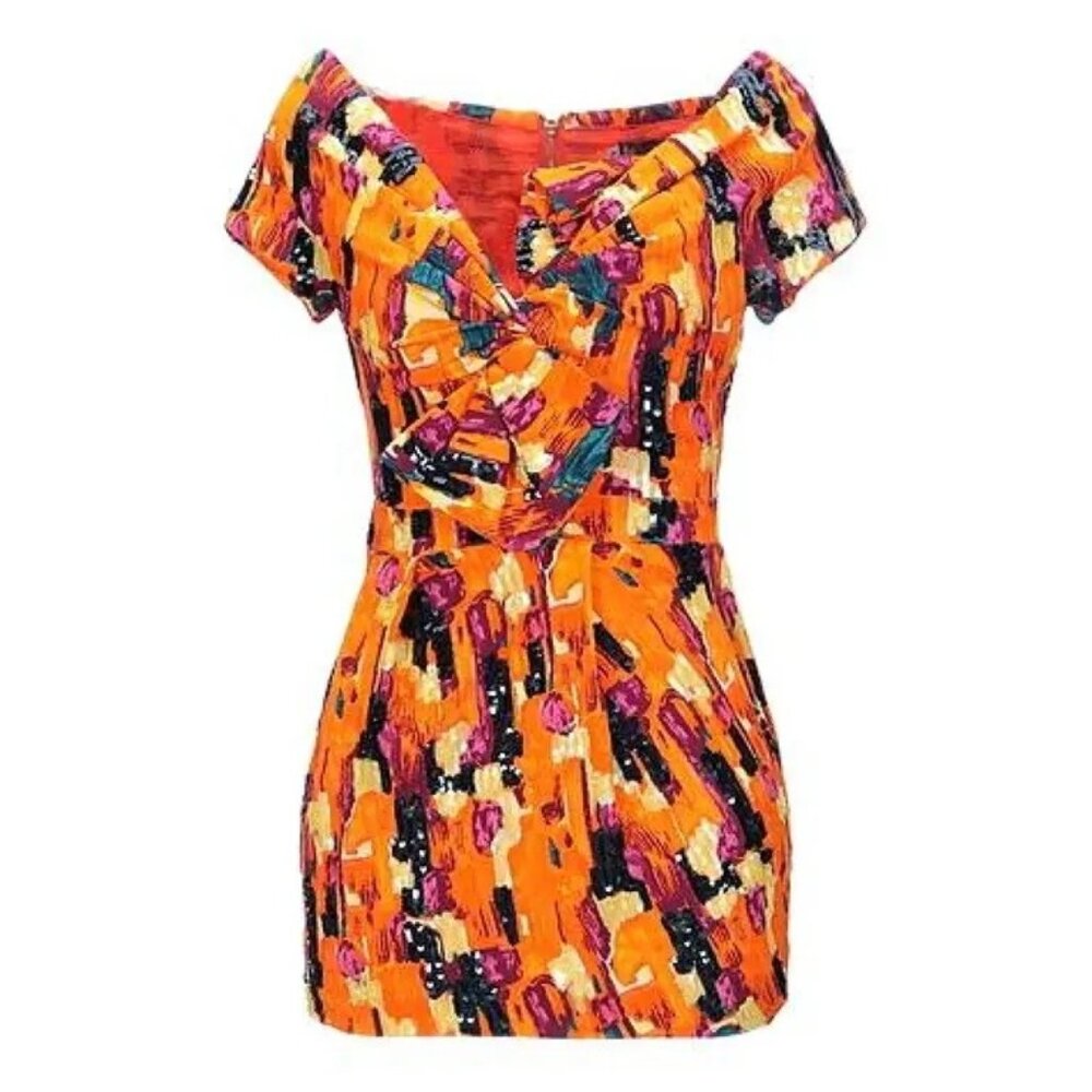 NWT $3495 DSquared Silk Vibrant Abstract Print Mini Dress Orange Size US 2